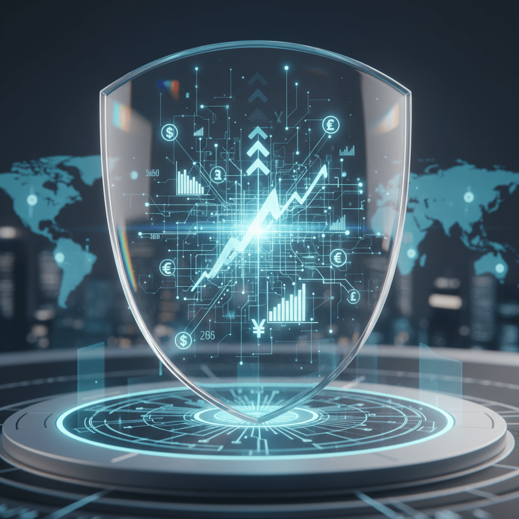 Digital shield protecting glowing financial data visualizations including currency symbols and growth charts.