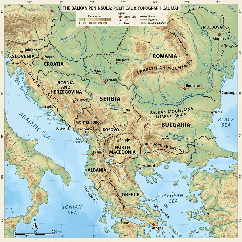 Political and topographical map of the Balkan Peninsula with countries, cities, rivers, and mountain ranges