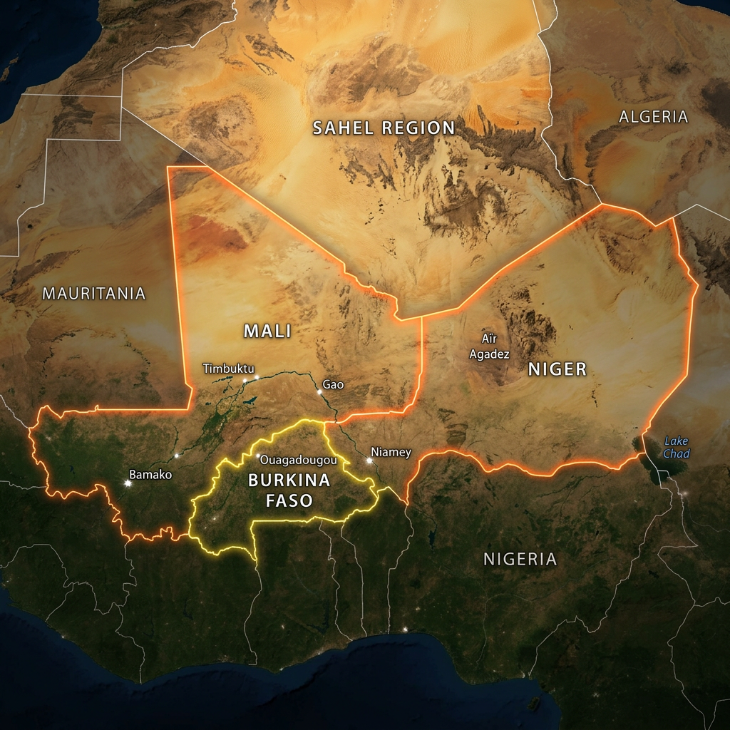 Satellite map showing Sahel region countries Mali, Niger, and Burkina Faso with labeled capitals and landmarks