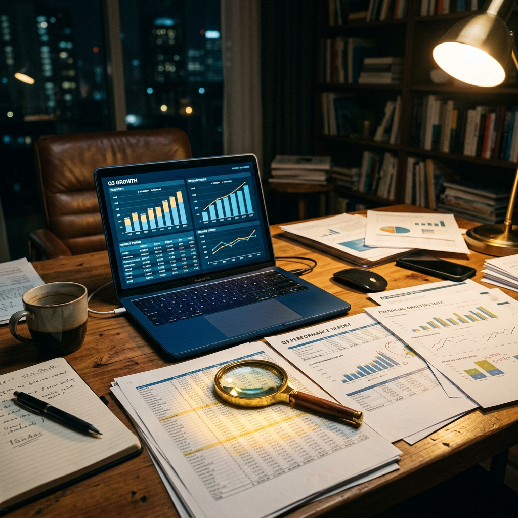 Laptop showing growth charts and printed financial reports with magnifying glass on desk
