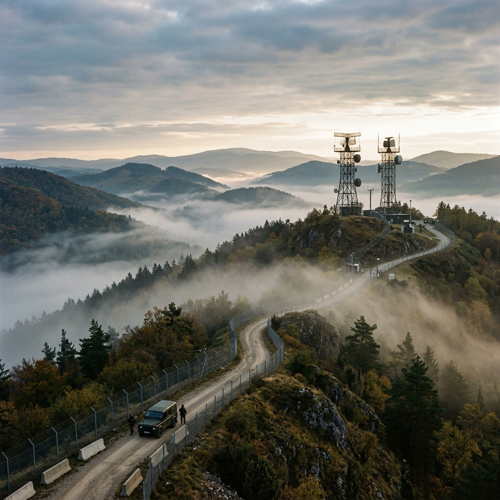 Communication towers on a foggy mountain ridge with a dirt road and vehicle