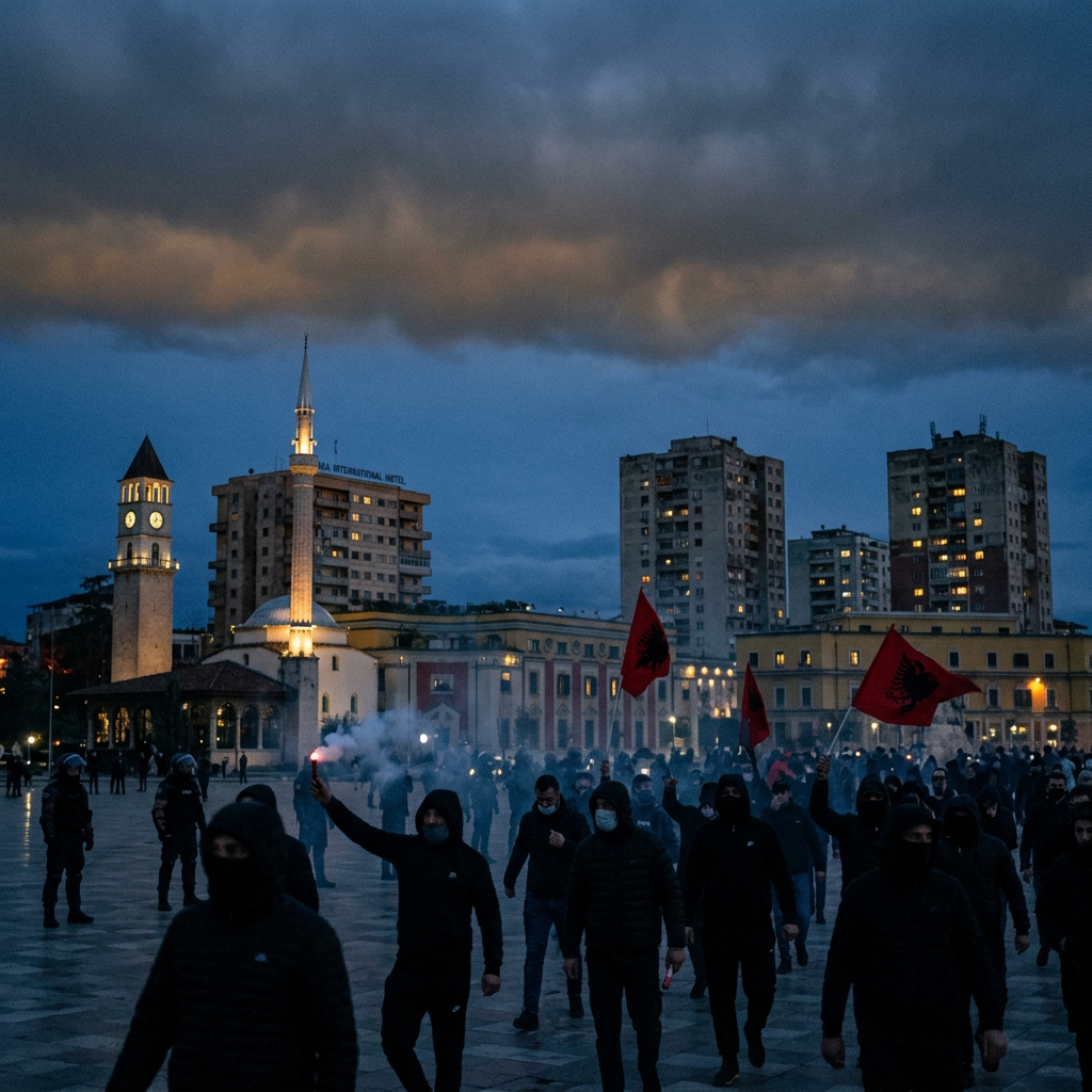 Masked protesters carrying Albanian flags and smoke flares in an urban square at dusk