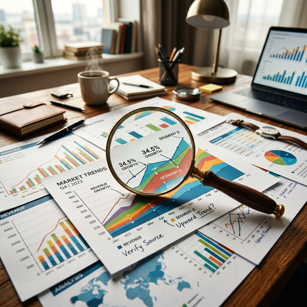 Magnifying glass focusing on market trend growth percentages on financial charts and graphs